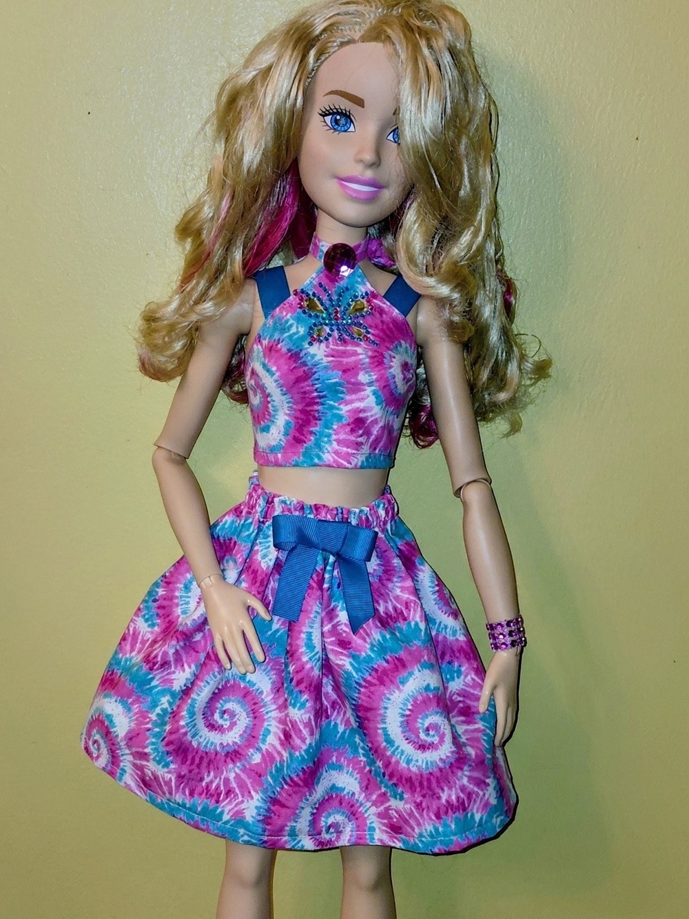 Barbie DOLL+ HANDMADE Pink & Blue Tie-Dye SWIRL Two-Piece Dress, White Boots 28"